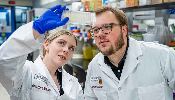 McMaster University researchers Allyssa Phelps and Josh Koenig in the lab