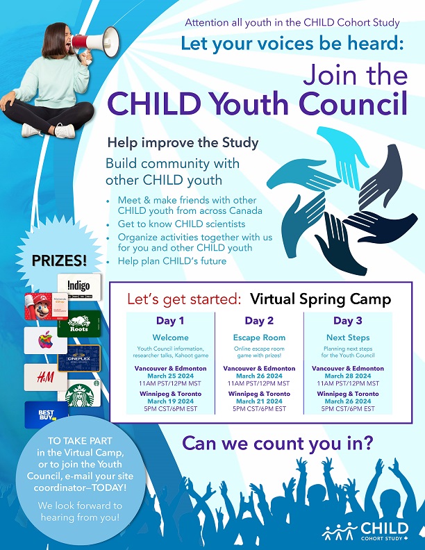 Flyer advertizing the 2024 virtual spring camp for study youth, and encouraging participation in an advisory youth council